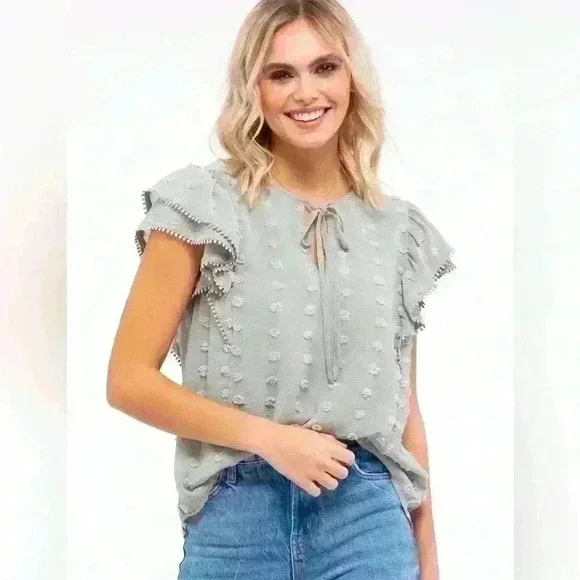 Blu Pepper Textured Flutter Sleeve Top, EUC, Dusty Mint, Size S - Picture 1 of 8